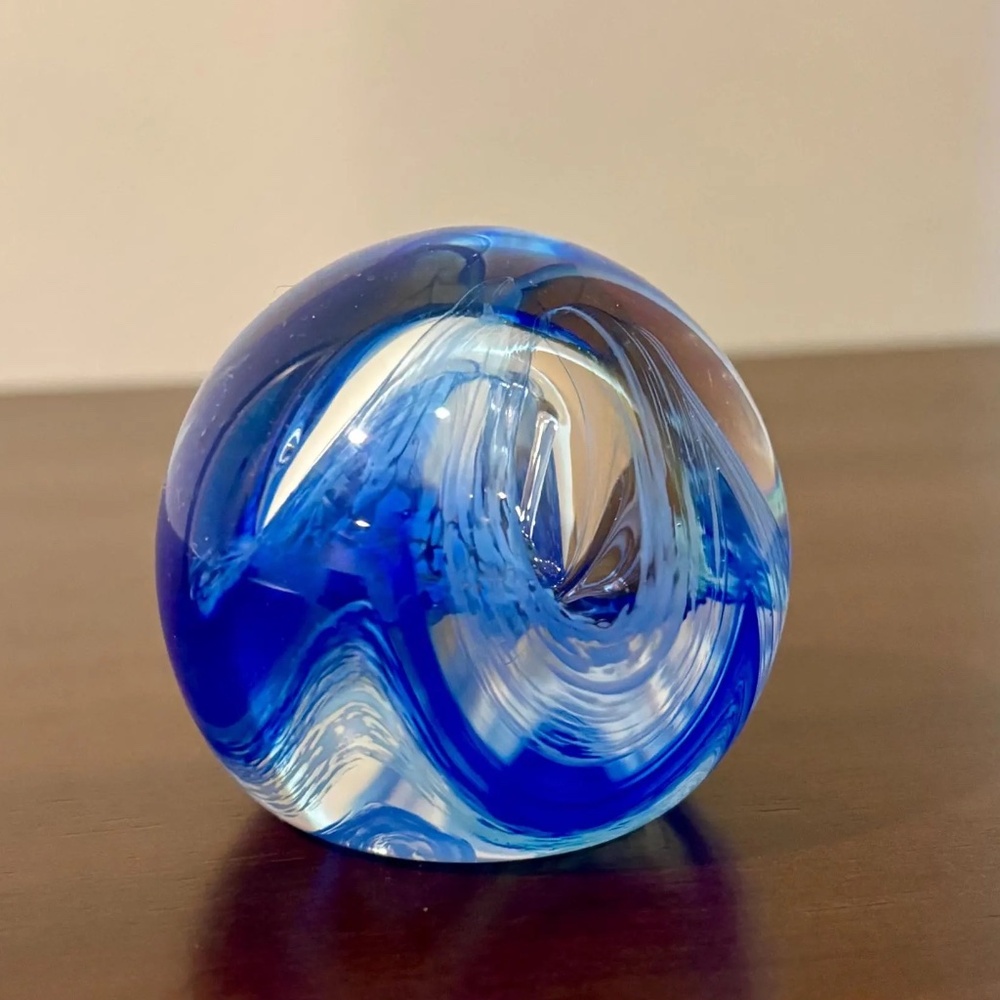 Vintage Scottish Caithness Moon Crystal Blue Swirl Paperweight 2"